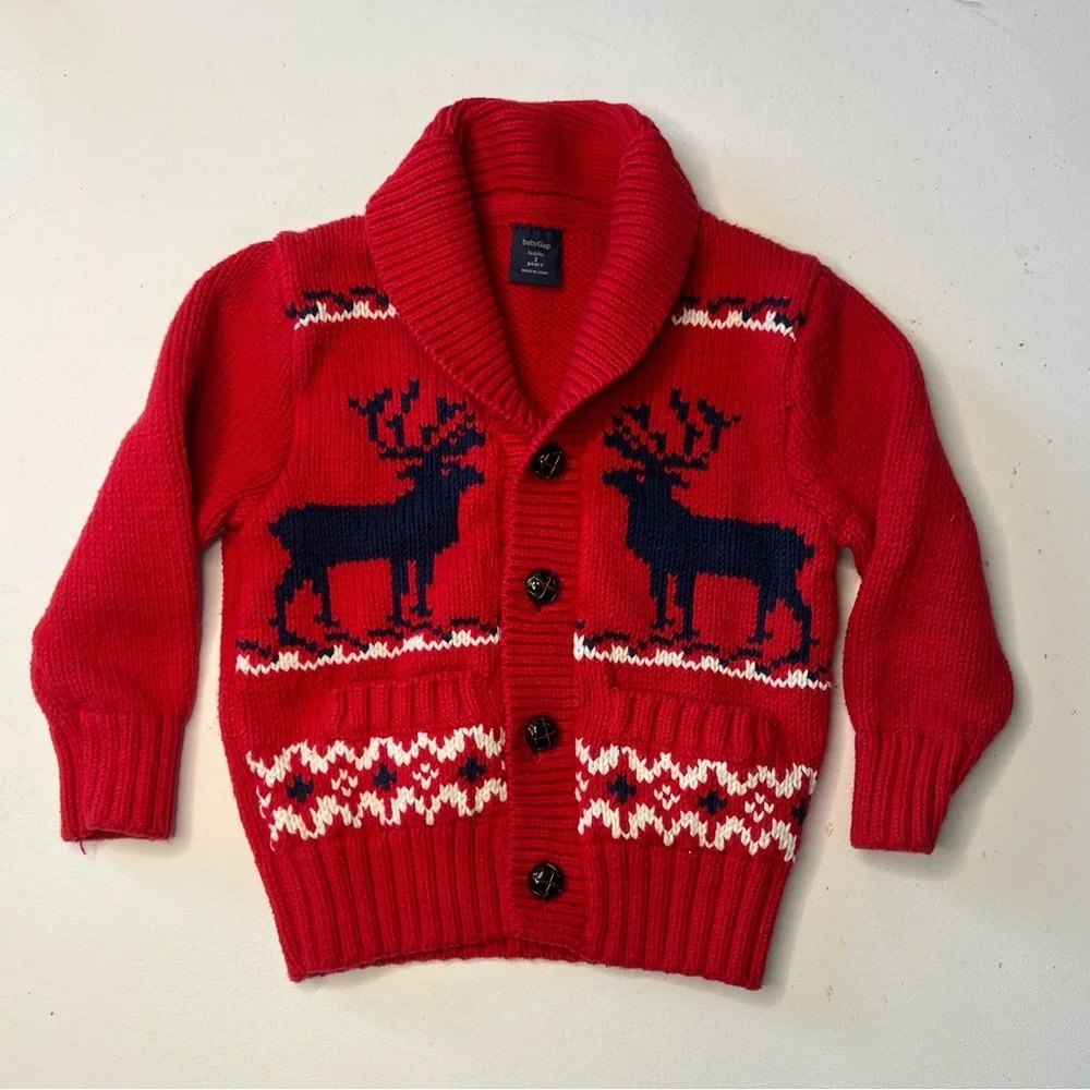 Baby Gap red moose cardigan